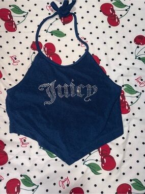 Juicy Couture Navy Blue Rhinestone Halter Crop Top